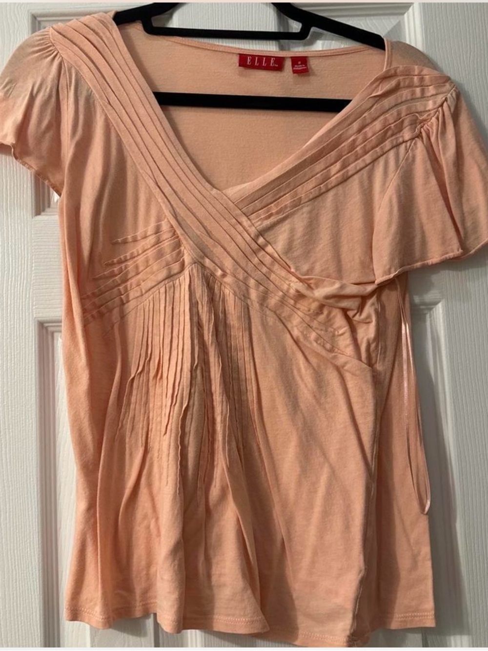 ELLE Peach Pleated V-Neck Short Sleeve Top